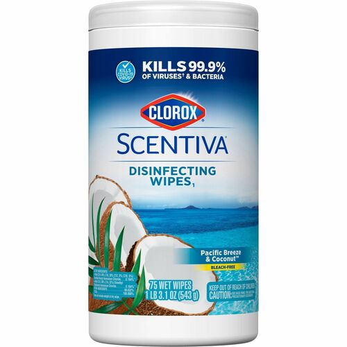 Clorox Scentiva Wipes, Bleach Free Cleaning Wipes - Ready-To-Use Wipe - Pacific Breeze & Coconut Scent - 75 / Canister - 1 Each - White