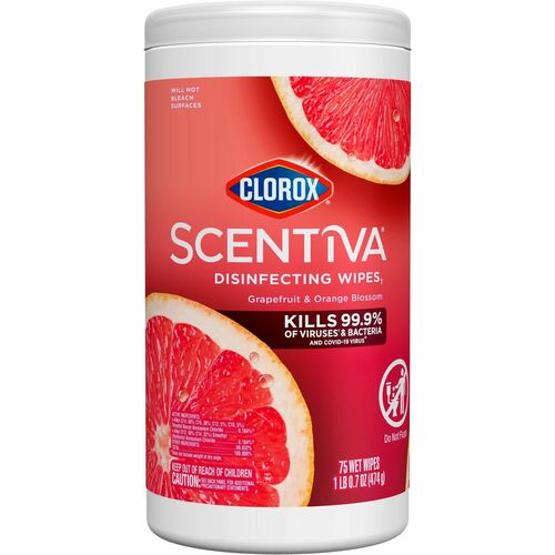 Clorox Scentiva Wipes, Bleach Free Cleaning Wipes - Ready-To-Use Wipe - Tahitian Grapefruit Splash Scent - 75 / Tub - 1 Each - White