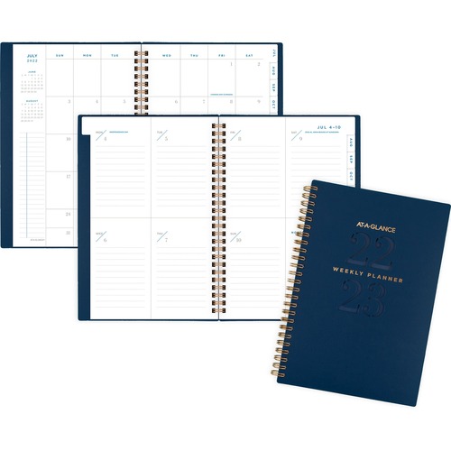 At-A-Glance Signature Collection Academic Planner - Small Size - Academic - Weekly, Monthly - 12 Month - July 2023 - June 2024 - 1 Week, 1 Month Double Page Layout - 8 1/2" x 5 1/2" White Sheet - Twin Wire - Blue - Paper - Flexible Cover, Dated Planning P
