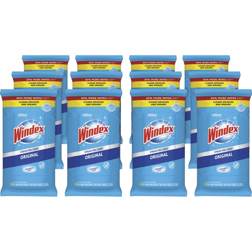 Windex® Glass & Surface Wipes - Ready-To-Use - Streak-free, Unscented, Chemical-free - White - 38 Pack - 12 / Carton