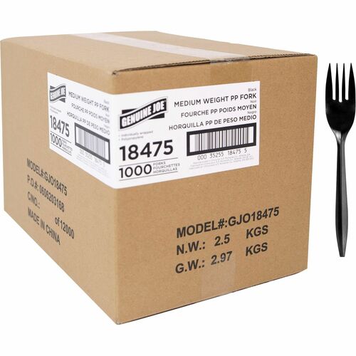 Genuine Joe Medium-weight Individually Wrapped Forks - 1000/Carton - Fork - Breakroom - Disposable - Black