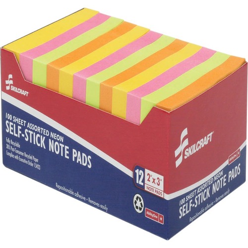 SKILCRAFT Self-Stick Note Pads - 2" Flag/Note Width x 3" Flag/Note Length - Rectangle - 100 Sheets per Pad - Assorted Neon - Self-stick, Repositionable, Recyclable - 1 Dozen