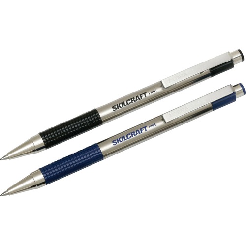 SKILCRAFT® Retractable Ballpoint Pen - 1 mm Fine Conical Pen Point - Retractable - Blue Ink - Oil Based - Blue Stainless Steel Barrel - 2 / Pack - TAA Compliant