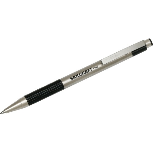 SKILCRAFT® Retractable Ballpoint Pen - 1 mm Fine Conical Pen Point - Retractable - Black Ink - Oil Based - Black Stainless Steel Barrel - 2 / Pack - TAA Compliant