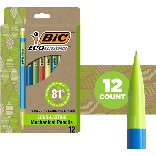 BIC Ecolutions Xtra Life Mechanical Pencil, Black, 12 Pack - #2 Lead - 0.7 mm Lead Diameter - Black Lead - Assorted Barrel