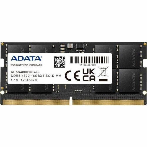 Adata 16GB DDR5 SDRAM Memory Module - For Notebook - 16 GB (1 x 16GB) - DDR5-4800/PC5-38400 DDR5 SDRAM - 4800 MHz - 1.10 V - On-die ECC - 262-pin - SoDIMM - Lifetime Warranty