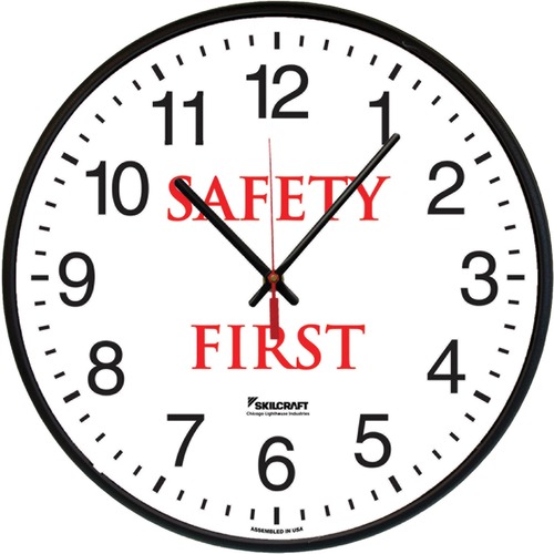 SKILCRAFT® Safety First Message Wall Clock - Analog - Quartz - Black Case - Plastic - TAA Compliant
