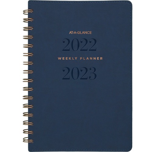At-A-Glance Signature Collection Academic 2022-2023 Weekly Monthly Planner, Navy, Small, 5 1/2" x 8 1/2" - Small Size - Academic - Monthly, Weekly - 13 Month - July 2022 - July 2023 - 1 Week, 1 Month Double Page Layout - 5 1/2" x 8 1/2" White Sheet - Wire