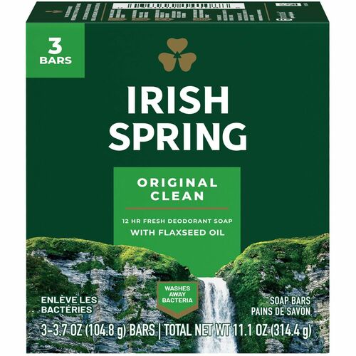 Irish Spring Deodorant Bar Soap with Flaxseed Oil - Original Clean ScentFor - 3.75 oz - Bacteria Remover - Skin, Hand - Green - Paraben-free, Phthalate-free, Gluten-free, Recyclable - 18 / Carton