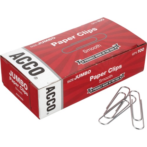 ACCO Economy Jumbo Smooth Paper Clips - Jumbo - No. 1 - 20 Sheet Capacity - Galvanized, Corrosion Resistant - Silver - Metal, Zinc Plated - 100 / Box