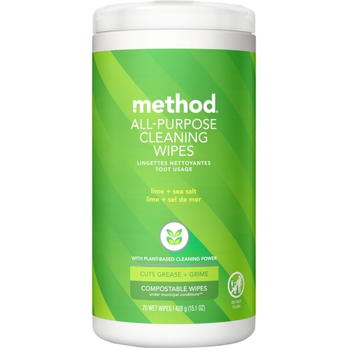 Method All-purpose Cleaning Wipes - Lime + Seasalt Scent - 70 / Tub - 1 Each - Pleasant Scent - Green