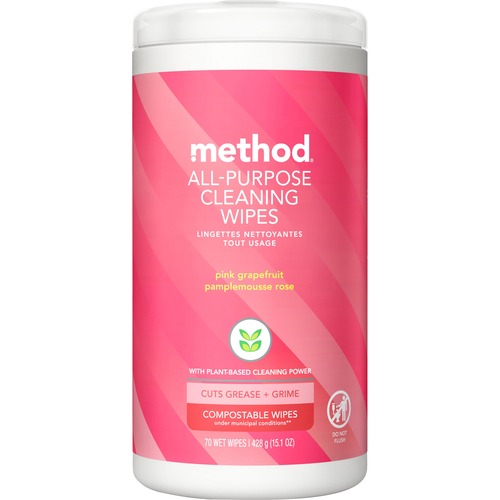 Method All-purpose Cleaning Wipes - Pink Grapefruit Scent - 70 / Tub - 1 Each - Pleasant Scent - Pink