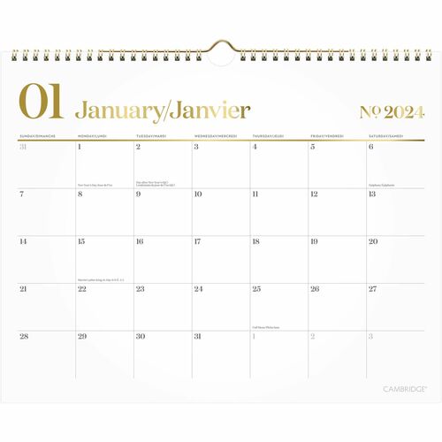 Cambridge Cambridge Workstyle Monthly Wall Calendar - Medium Size - 12 Month - January 2023 - December 2023 - 1 Month Single Page Layout - Twin Wire - White, Gray, Gold - 15" Height x 12" Width - Bilingual, Unruled Daily Block, Planning Space, Holiday Lis