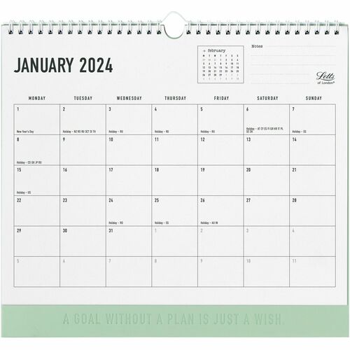 Blueline Letts Monthly Wall Calendar - Monthly - 12 Month - January 2024 till December 2024 - 1 Day, 1 Month Single Page Layout - Wire Bound - Sage, White - Polyester - 11.8" Height x 10.6" Width - Eyelet, Notes Area
