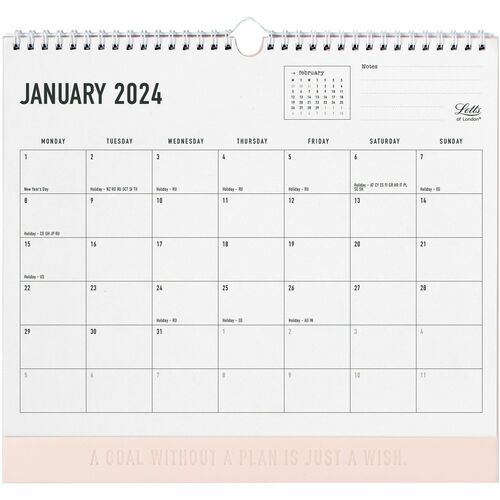 Blueline Letts Monthly Wall Calendar - Monthly - 12 Month - January 2024 till December 2024 - 1 Day, 1 Month Single Page Layout - Wire Bound - Rose, White - Polyester - 11.8" Height x 10.6" Width - Eyelet, Notes Area