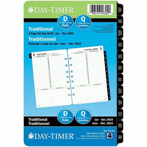 Day-Timer Planner Refill - Daily - 1 Day Single Page Layout - 7 x Holes - Address Directory, Phone Directory, Planner Page, Reference Sheet, Auto Mileage, Expense Form, Bilingual