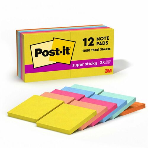Post-it® Super Sticky Note Pads - Summer Joy Color Collection - 3" x 3" - Square - 90 Sheets per Pad - Citron, Papaya Fizz, Power Pink, Washed Denim, Fresh Mint - Sticky, Recyclable - 1 Pack