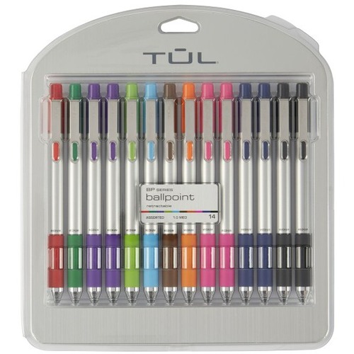 TUL® BP Series Retractable Ballpoint Pens, Medium Point, 1.0 mm, Silver Barrel, Assorted Inks, Pack Of 14 Pens - Medium Pen Point - 1 mm Pen Point Size - Refillable - Retractable - Black Pigment-based Ink - Silver Barrel - 14 / Pack