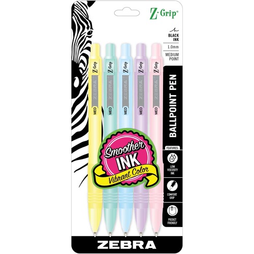 Zebra Pen Z-Grip Pastels Retractable Ballpoint 1.0mm Assorted 5Pk - Medium Pen Point - 1 mm Pen Point Size - Retractable - Black - Assorted Barrel - 5 / Pack