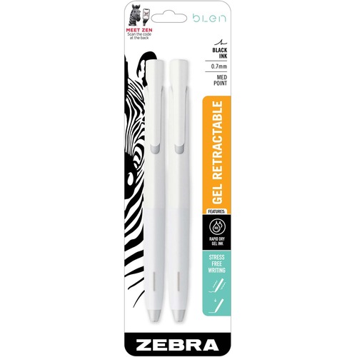 Zebra Pen bLen Ballpoint Pen - Medium, Bold Pen Point - 0.7 mm Pen Point Size - Retractable - Black Gel-based Ink - White Barrel - 2 / Pack