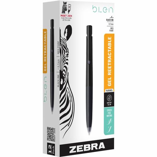 Zebra Pen bLen Retractable Gel Black Barrel 0.7mm Dozen - Medium Pen Point - 0.7 mm Pen Point Size - Retractable - Black Gel-based Ink - Black Barrel - 12 / Dozen