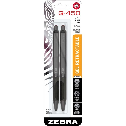 Zebra Pen G-450 Gel Retractable 0.7mm Black 2Pk - Medium Pen Point - Refillable - Retractable - Black Brass Barrel - 2 / Pack