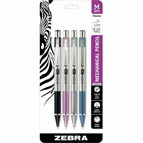 Zebra Pen STEEL 3 Mechanic Pencil - HB Lead - 0.7 mm Lead Diameter - Medium Point - Refillable - Black Stainless Steel, Pink, Silver, Blue Barrel - 4 / Pack
