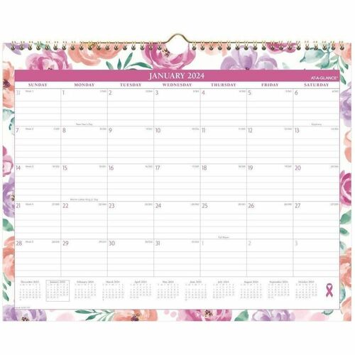 At-A-Glance BADGE City of Hope 2024 Monthly Wall Calendar, Floral, Medium, 15" x 12" - Medium Size - Julian Dates - Monthly - 12 Month - January 2024 - December 2024 - 1 Month Single Page Layout - 15" x 12" White Sheet - 1.63" x 2" Block - Wire Bound - Wh