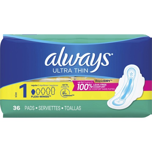 Always Ultra Thin Regular Pads with Wings - WithWings - 36/Pack - 6 / Carton - Absorbent, Anti-leak, Unscented, Comfortable
