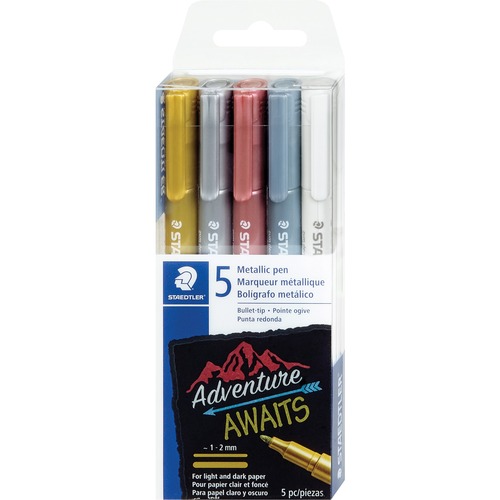 Staedtler Metallic Markers Adventure Awaits Pens Assorted Colours 5/pkg - Fine, Medium, Bold Marker Point - Brush Marker Point Style - Assorted Metallic Water Based Ink - 5 / Pack - Art Markers - STD8323TB5A6