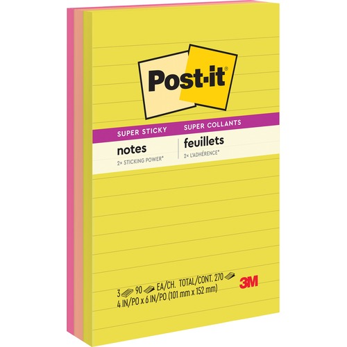 Post-it® Super Sticky Adhesive Note - 4" x 6" - Rectangle - 90 Sheets per Pad - Assorted - 3 pads/Pack