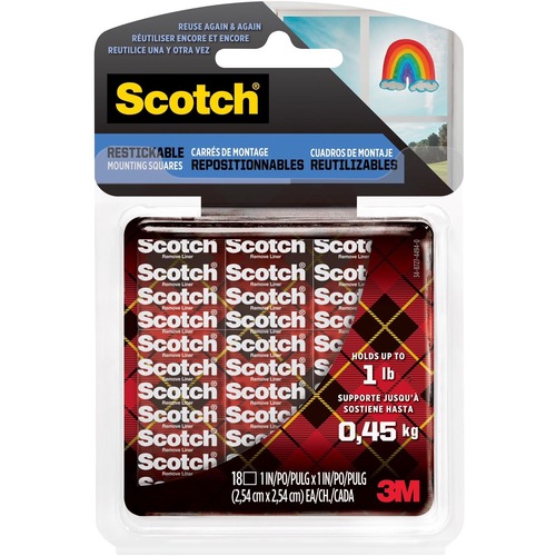 Scotch Restickables, Clear, Multiple Sizes - 0.50" (12.7 mm) Length x 0.50" (12.7 mm) Width - 18 / Pack - Clear - Mounting Tapes - MMMR100SESF