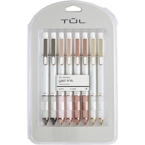 TUL Gel Pen - Medium Pen Point - 0.7 mm Pen Point Size - Refillable - Retractable - Black Gel-based Ink - Pearl White Plastic Barrel - Plastic Tip - 8 / Pack