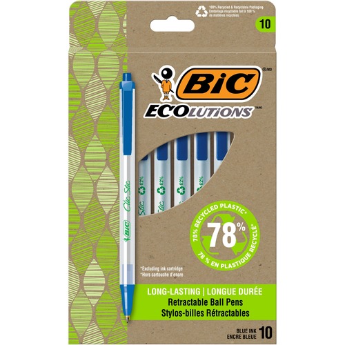BIC Ecolutions Clic Stic Ballpoint Pen - Medium Pen Point - 1 mm Pen Point Size - Retractable - Blue - Semi Clear Barrel - 10 Pack