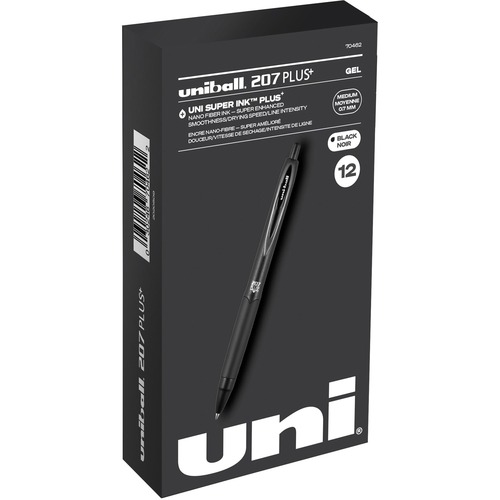 uniball™ 207 Plus+ Gel Pen - 0.7 mm (0.03") Medium Pen Point - Retractable - Black Ink - Gel-based, Nanofiber Ink - Black Metal Barrel - 1 Dozen