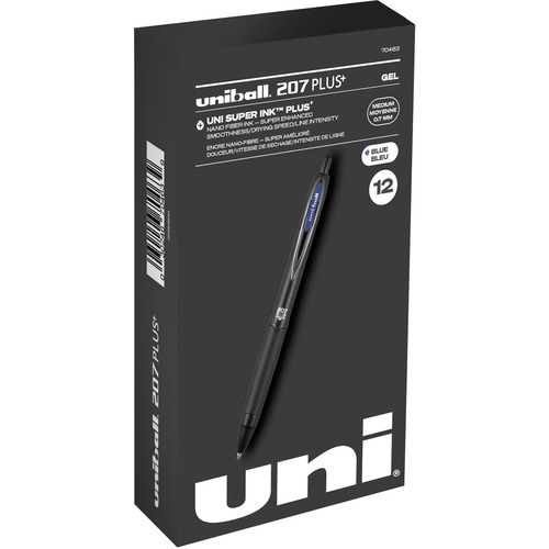 uniball™ 207 Plus+ Gel Pen - 0.7 mm (0.03") Medium Conical Pen Point - Refillable - Retractable - Blue Ink - Gel-based, Nanofiber Ink - Black Metal Barrel - 1 Dozen