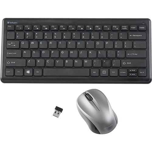 Verbatim Silent Wireless Compact Keyboard and Mouse - Wireless RF 2.40 GHz Keyboard - Wireless RF Mouse - Blue LED - 1600 dpi - Compatible with PC, Mac - Mice & Keyboard Bundles - VER70739
