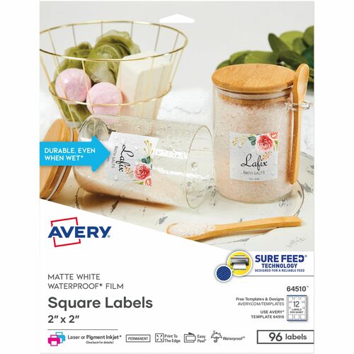 Avery® Durable Waterproof Labels, 2" x 2" Square, 96 Total - Waterproof - 2" Width x 2" Length - Permanent Adhesive - Square - Glossy - White - Film - 12 / Sheet - 8 Total Sheets - 96 Total Label(s) - Water Resistant - Self-adhesive, Oil Resistant, Ea