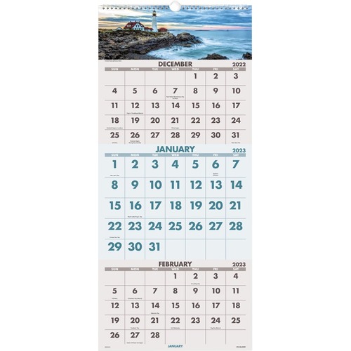 AT-A-GLANCE Scenic 2023 RY Three Month Wall Calendar, Large, 12" x 27" - Large Size - Monthly - 14 Month - December 2022 - January 2024 - 1 Month Single Page Layout - 12" x 27" White Sheet - Twin Wire - Blue, Brown - Paper, Chipboard - Bleed Res