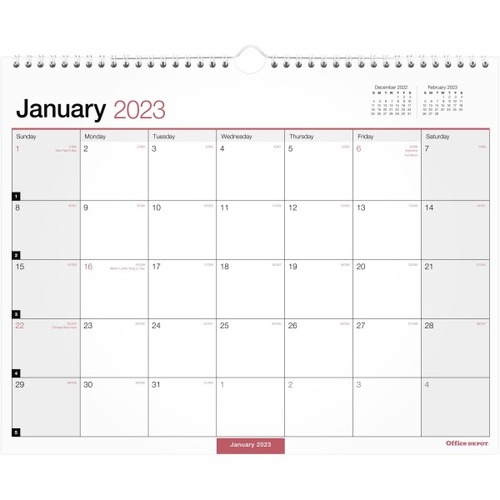 Office Depot Monthly Wall Calendar, 15" x 12" , White, January To