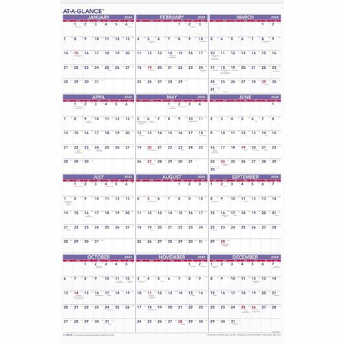AT-A-GLANCE Yearly 2023 RY Wall Calendar, Extra Large, 24" x 36" - Extra Large Size - Julian Dates - Yearly - 12 Month - January 2023 - December 2023 - 24" x 36" Sheet Size - Twin Wire - White, Red, Blue - Metal, Paper - Bleed Resistant, Writabl