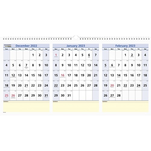 AT-A-GLANCE 2023 RY QuickNotes 3-Month Horizontal Wall Calendar, Large, 24" x 12" - Large Size - Personal/Home Office - Julian Dates - Monthly - 15 Month - December 2022 - February 2024 - 12" x 24" White Sheet - Twin Wire - White, Blue - Chipboa
