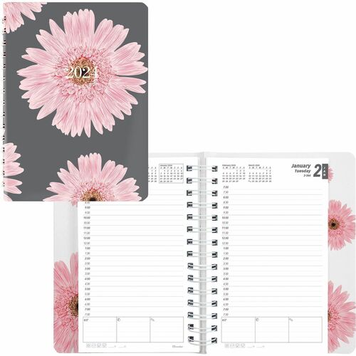 Brownline Essential Daily/Monthly Planner Book - Daily, Monthly - 12 Month - January - December - 7:00 AM to 7:30 PM - Half-hourly - 1 Day Single Page Layout - 8" x 5" Sheet Size - Twin Wire - Pink - Soft Cover, Dated Planning Page, Appointment Schedule, 