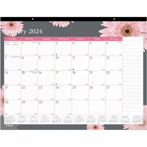 Brownline Monthly Floral Desk Pad - Monthly - 12 Month - 1 Month Double Page Layout - 17" x 22" Sheet Size - Desk Pad - Pink, Multi - Chipboard - Floral Design, Unruled Daily Block, Notes Area, Moon Phases, Reference Calendar, Reinforced, Yearly Calendar 