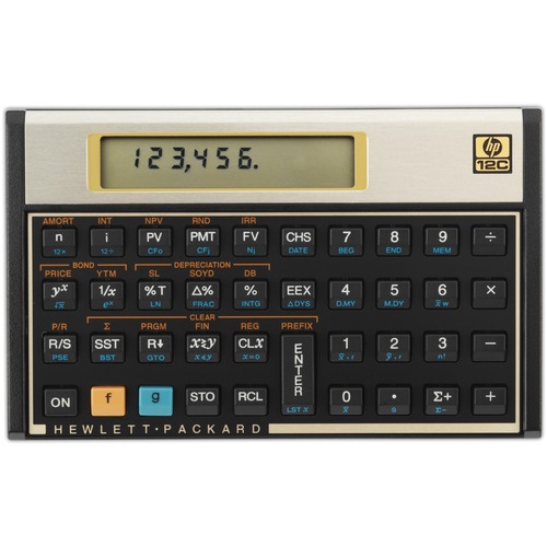 Roylco HP 12C Financial Calculator - 120 Functions - Rate Set Feature, Built-in Memory, LCD Display - 1 Line(s) - 10 Digits - LCD - Battery Powered - Battery Included - 5" Height x 3.1" Width x 0.5" Depth - Black - Plastic, Brushed Aluminum - 1 Each