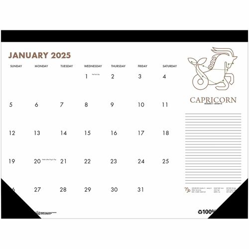 House of Doolittle Zodiac Monthly Desk Pad Calendar - Julian Dates - Monthly - 12 Month - January - December - 1 Month Single Page Layout - 18 1/2" x 13" Sheet Size - Headband - Desk Pad - Black, Multi - Leatherette - Reinforced Corner, Unruled Daily Bloc