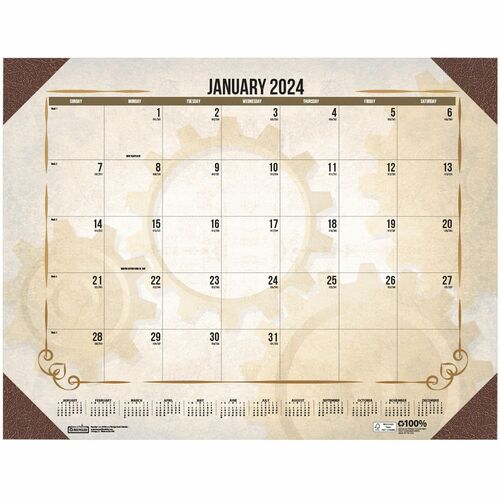 House of Doolittle Vintage Monthly Desk Pad Calendar - Julian Dates - Monthly - 12 Month - January - December - 1 Month Single Page Layout - 22" x 17" Sheet Size - Headband - Desk Pad - Brown - Leatherette - Reinforced Corner, Unruled Daily Block - 1 Each