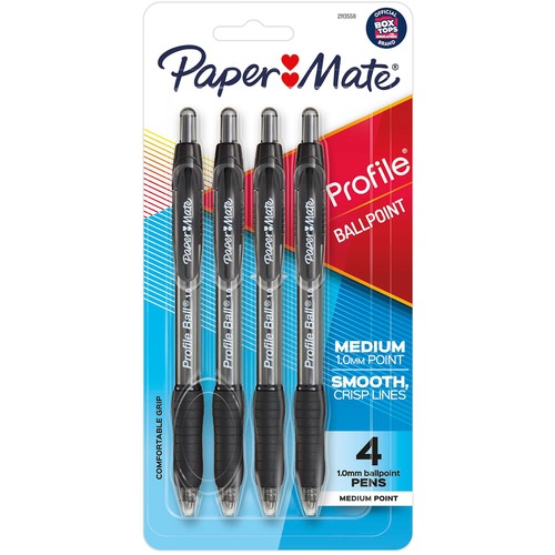 Paper Mate Profile Retractable Ballpoint Pen - 1 mm Pen Point - Retractable - Black Ink - Black Barrel - 4 / Pack