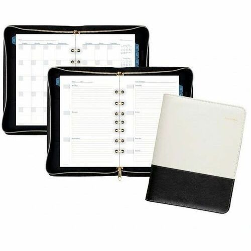 At-A-Glance Undated Faux Leather Fashion Starter Set, 7 Ring, Cream/Black, Desk Size, 5 1/2" x 8 1/2" - Desk - Undated - 12 Month - 8:00 AM to 5:00 PM, Hourly - 1 Week, 1 Month Double Page Layout - 5 1/2" x 8 1/2" Sheet Size - White Sheet - Ring Binding -