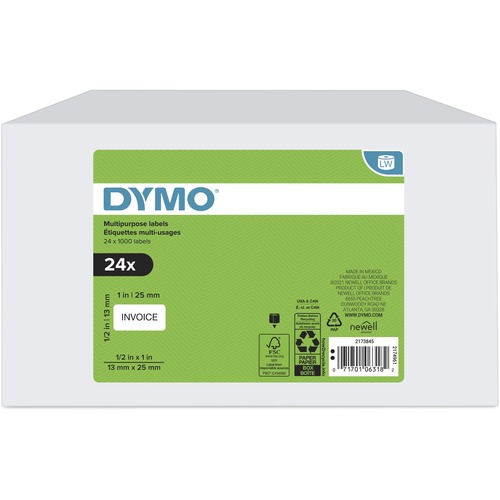 Dymo Multipurpose White Medium Labels - 1" Width x 1/2" Length - Rectangle - Thermal - White - 1000 / Roll - 24 / Box - Jam Resistant, Self-adhesive, Hassle-free
